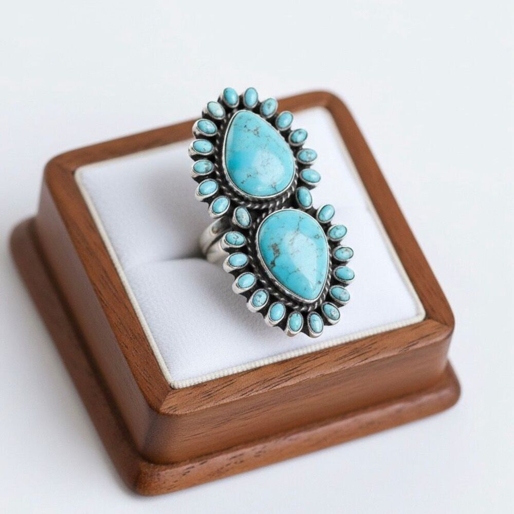 New Sterling Silver Double Turquoise Statement Ring - Bold Southwestern Design